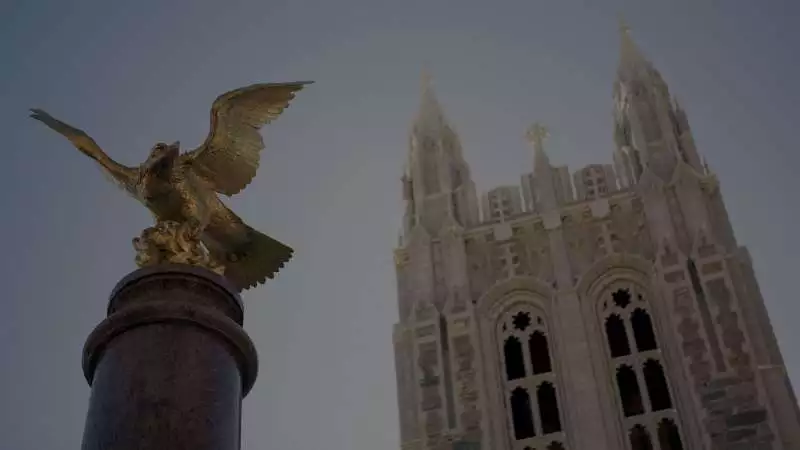 A gold eagle statue in front of an institutional building.